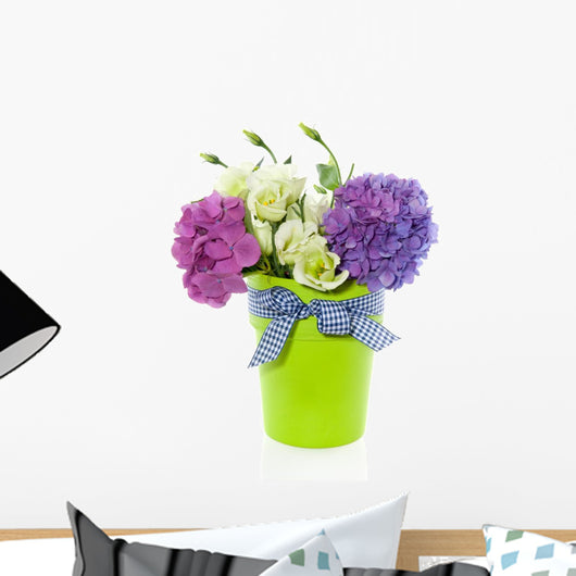 purple white flower bouquet in green vase with ribbon isolated w Wall Decal