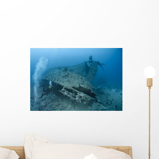 Scuba diver entering a shipwreck. Wall Mural
