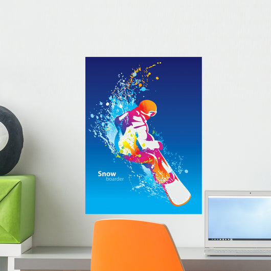 The colorful figure of a young man snowboarding on a blue sky ba Wall Mural