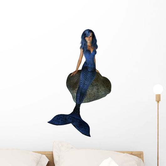 Blue Mermaid Sitting Rock Wall Decal