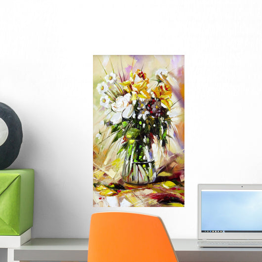 The vase with the flowers drawn by oil on a canvas Wall Mural