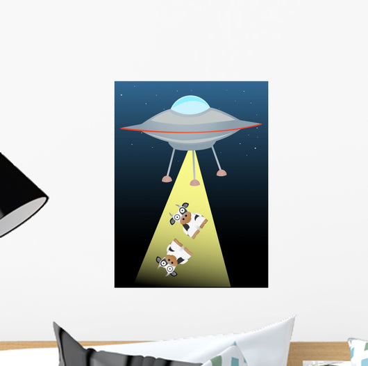 Ufo beaming up two cows in beam of light Wall Mural
