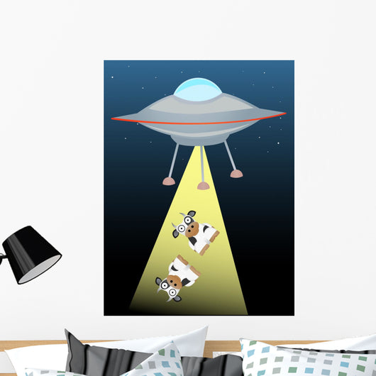 Ufo beaming up two cows in beam of light Wall Mural