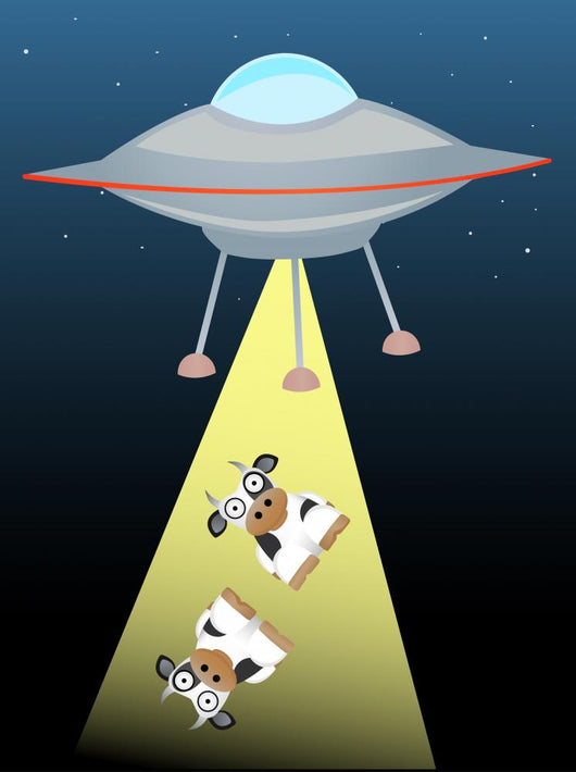 Ufo beaming up two cows in beam of light Wall Mural