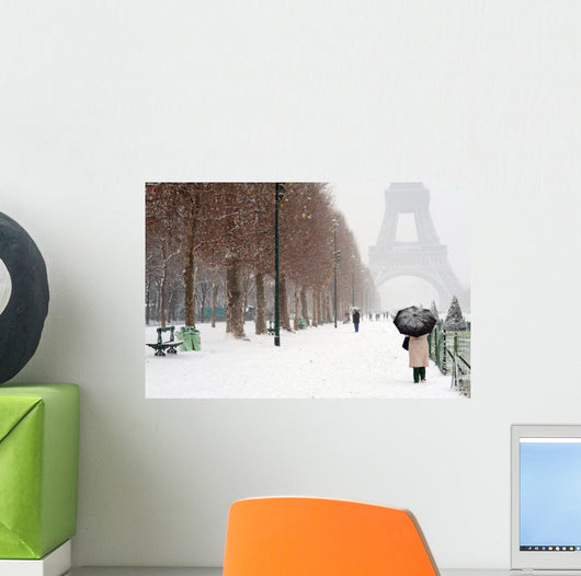 Umbrella and Snow at the Eiffel Tower - Paris Wall Mural