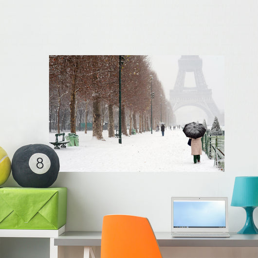 Umbrella and Snow at the Eiffel Tower - Paris Wall Mural