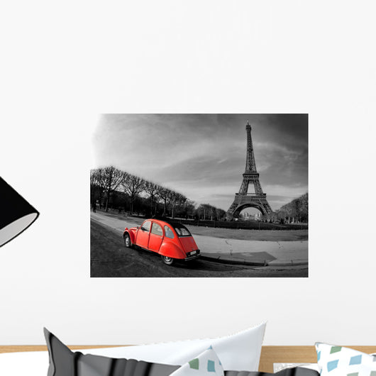Eiffel Tower and Paris car red- Wall Mural