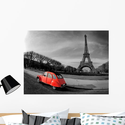 Eiffel Tower and Paris car red- Wall Mural