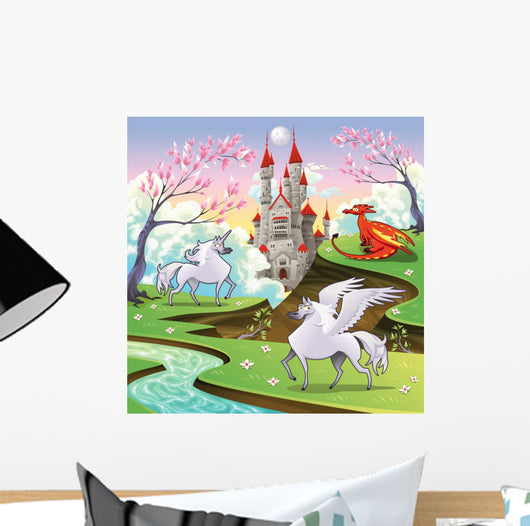 Pegasus Unicorn and Dragon in Mythological Landscape Wall Mural