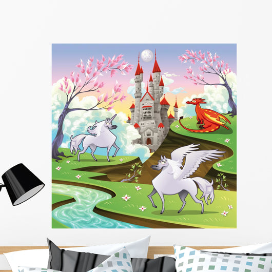 Pegasus Unicorn and Dragon in Mythological Landscape Wall Mural
