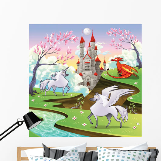 Pegasus Unicorn and Dragon in Mythological Landscape Wall Mural