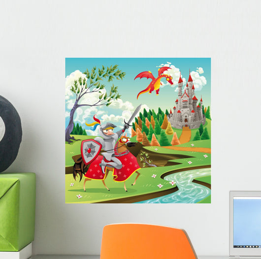 Panorama With Castle Dragon and Knight Wall Mural