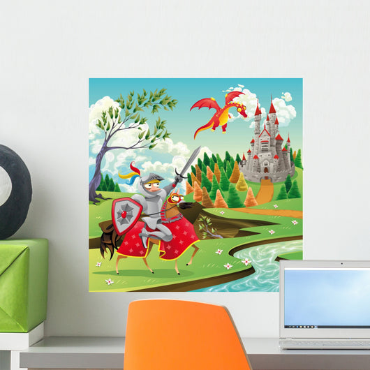 Panorama With Castle Dragon and Knight Wall Mural