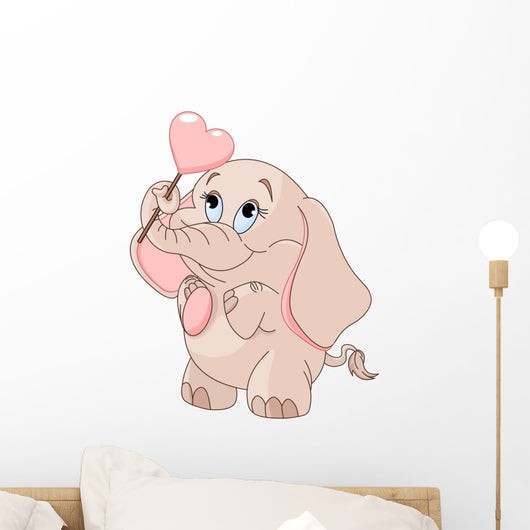 Little baby elephant holds heart-shaped lollipop Wall Mural