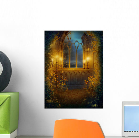 Window in the ruins of the castle with candles Wall Mural