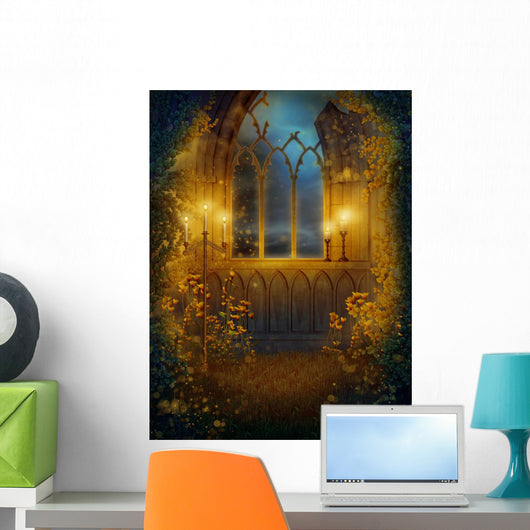 Window in the ruins of the castle with candles Wall Mural