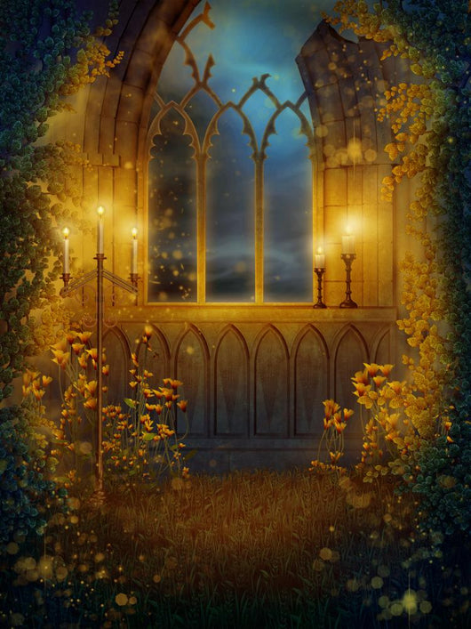 Window in the ruins of the castle with candles Wall Mural