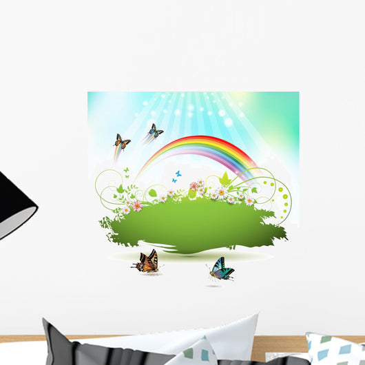 Green background with flowers and butterflies Wall Mural