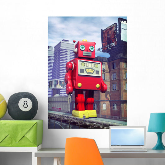 giant tin toy robot and city Wall Mural