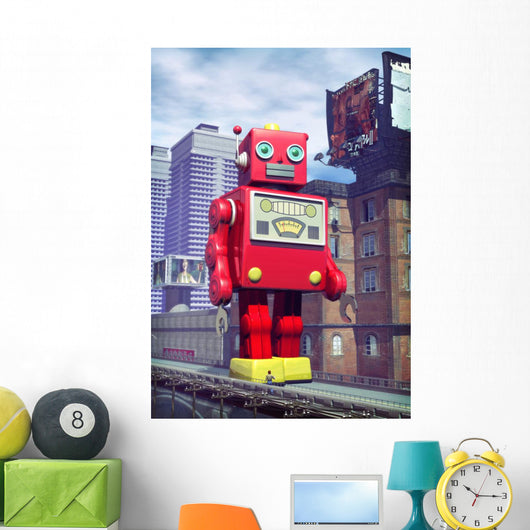 giant tin toy robot and city Wall Mural