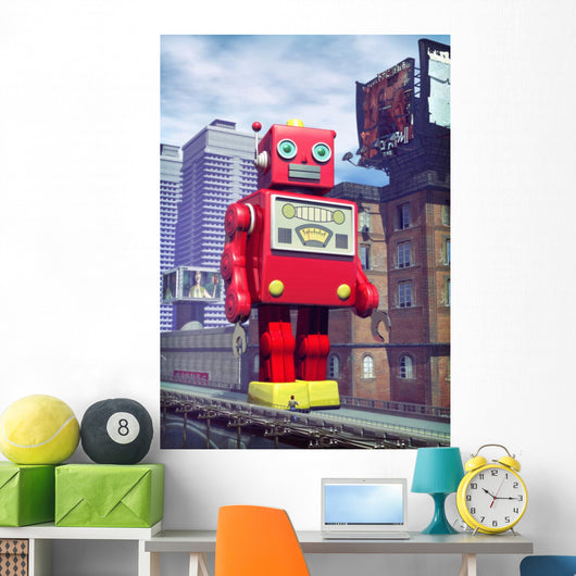 giant tin toy robot and city Wall Mural