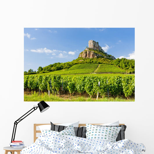 Solutre Rock with vineyards, Burgundy, France Wall Mural