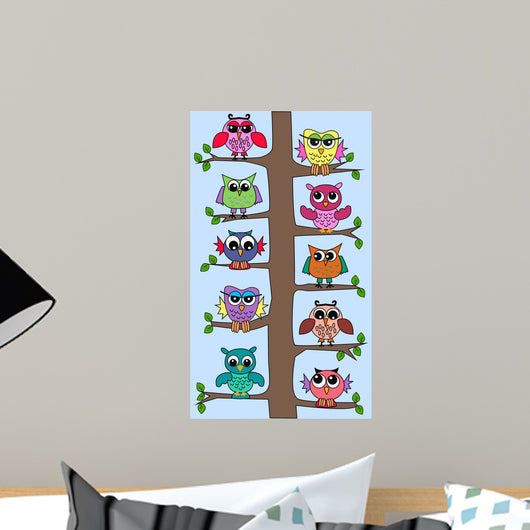 Colourful Owls Sitting Tree Wall Mural