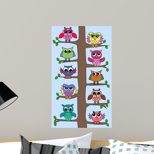 Colourful Owls Sitting Tree Wall Mural