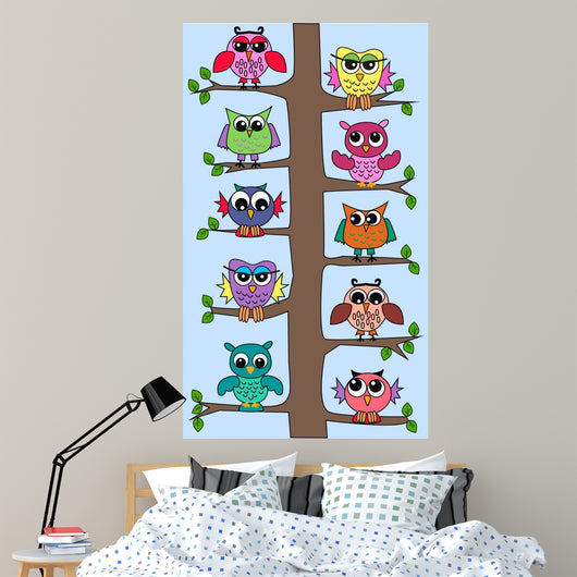Colourful Owls Sitting Tree Wall Mural
