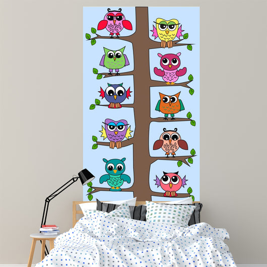 Colourful Owls Sitting Tree Wall Mural