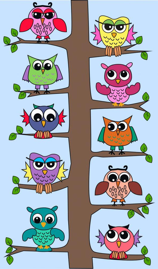 Colourful Owls Sitting Tree Wall Mural