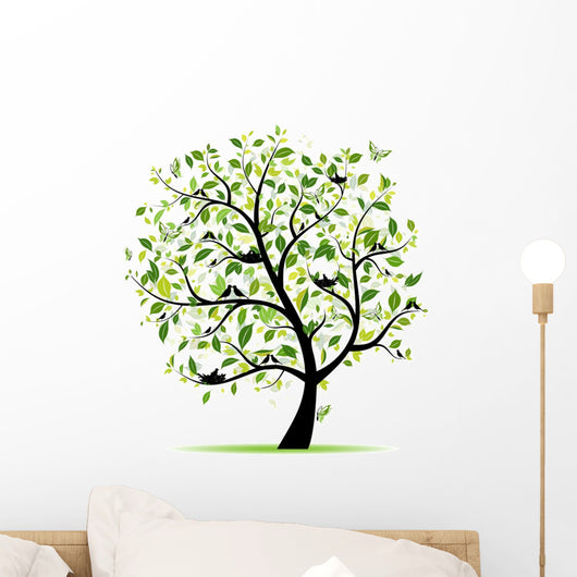 Spring Tree Green With Birds Wall Mural