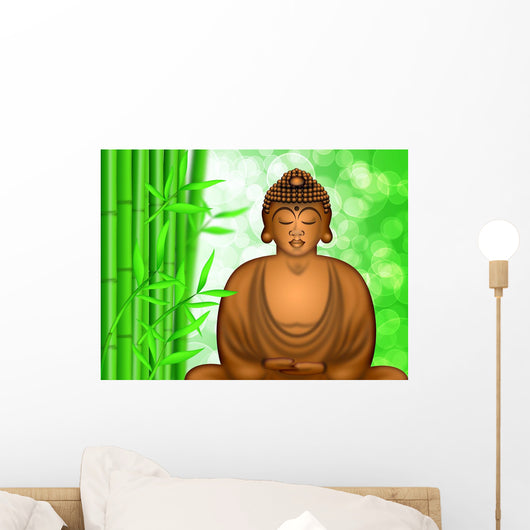 Zen Buddha Meditating by Bamboo Forest Background Wall Mural