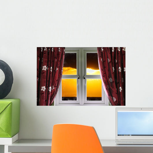 Sunset through a secure window with curtains Wall Mural