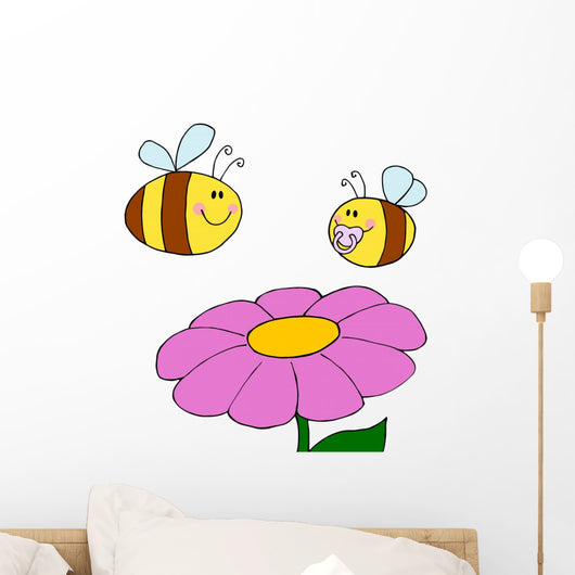 Mother Bee Flying With Baby Bee Over Flower Wall Decal