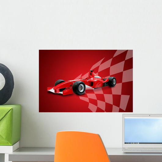 Red Formula One Car and Racing Flag Wall Mural