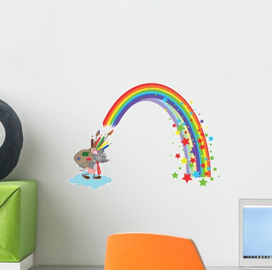 Mouse with Bag of Pencils and Rainbow Wall Decal
