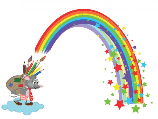 Mouse with Bag of Pencils and Rainbow Wall Decal