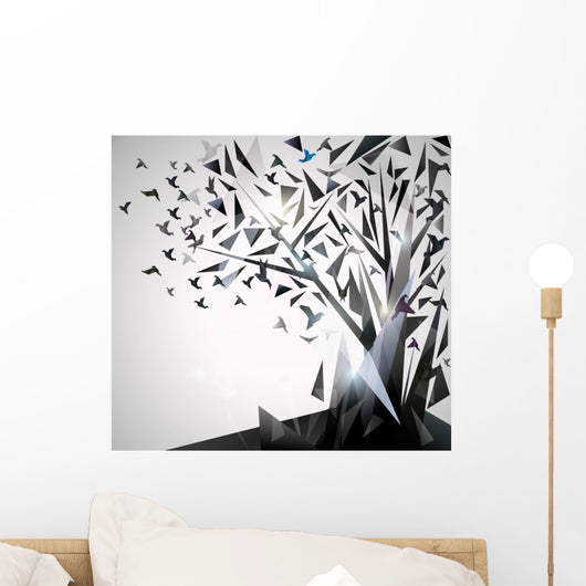 Abstract Tree with origami birds. Wall Mural