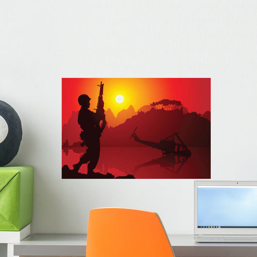 Soldier with crashed helicopter on the background Wall Mural