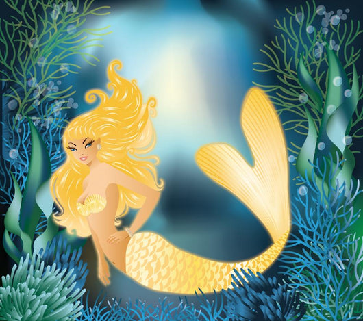 Pretty Gold Mermaid with Wall Mural