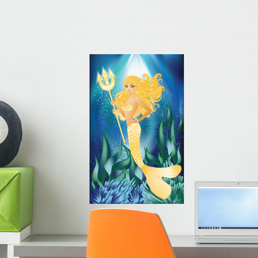 Gold Mermaid with Trident Wall Mural