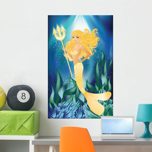 Gold Mermaid with Trident Wall Mural
