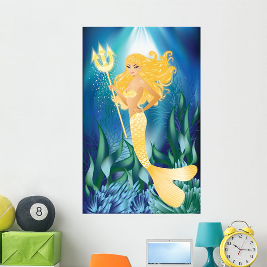 Gold Mermaid with Trident Wall Mural
