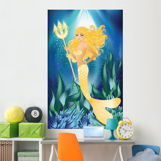Gold Mermaid with Trident Wall Mural