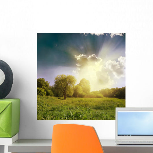 Sun Beams and Green Landscape Wall Decal