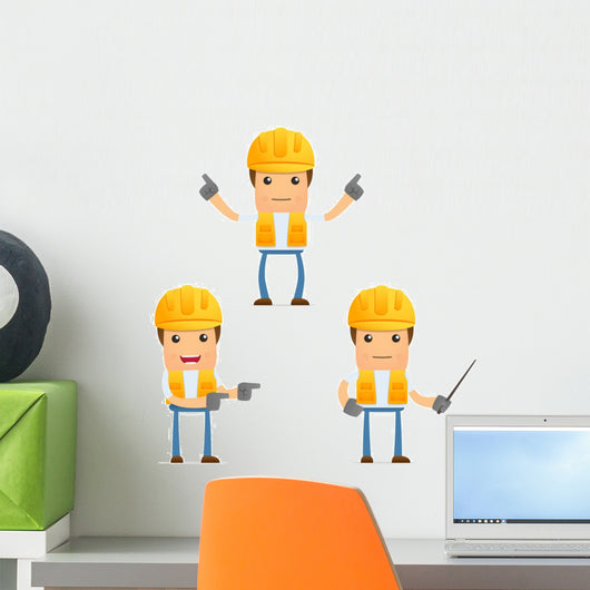 Cartoon Construction Worker 5 Wall Decal Set