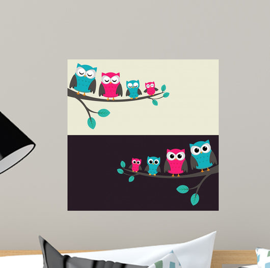 Family of Owls Sitting on a Branch Wall Mural