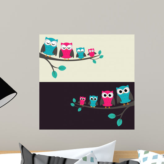 Family of Owls Sitting on a Branch Wall Mural