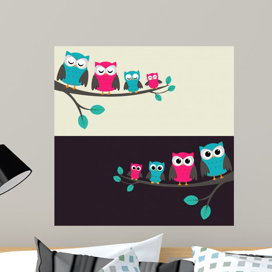 Family of Owls Sitting on a Branch Wall Mural